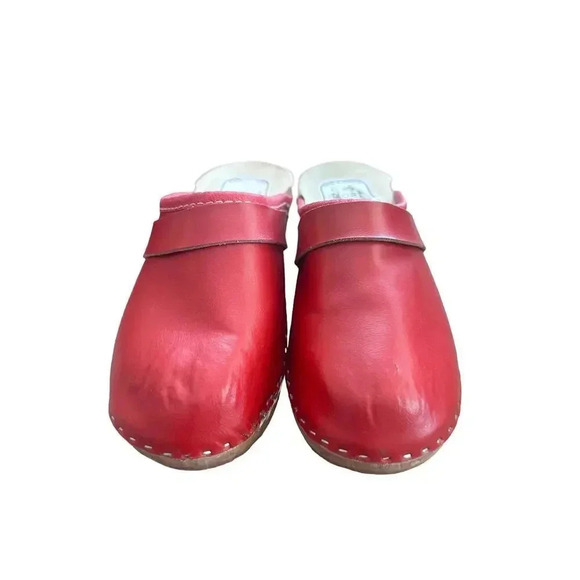 Bjork Red Swedish Wooden Block Sole Leather Slip-On Clogs Size 36 - Picture 2 of 10